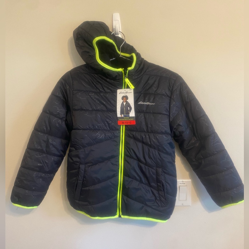 NWT Eddie Bauer Boys Reversible Jacket Black Medium